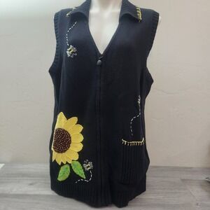 Quaker Factory Black Vest 1X Button Down Sunflower Bee Embroidered Cotton Beaded